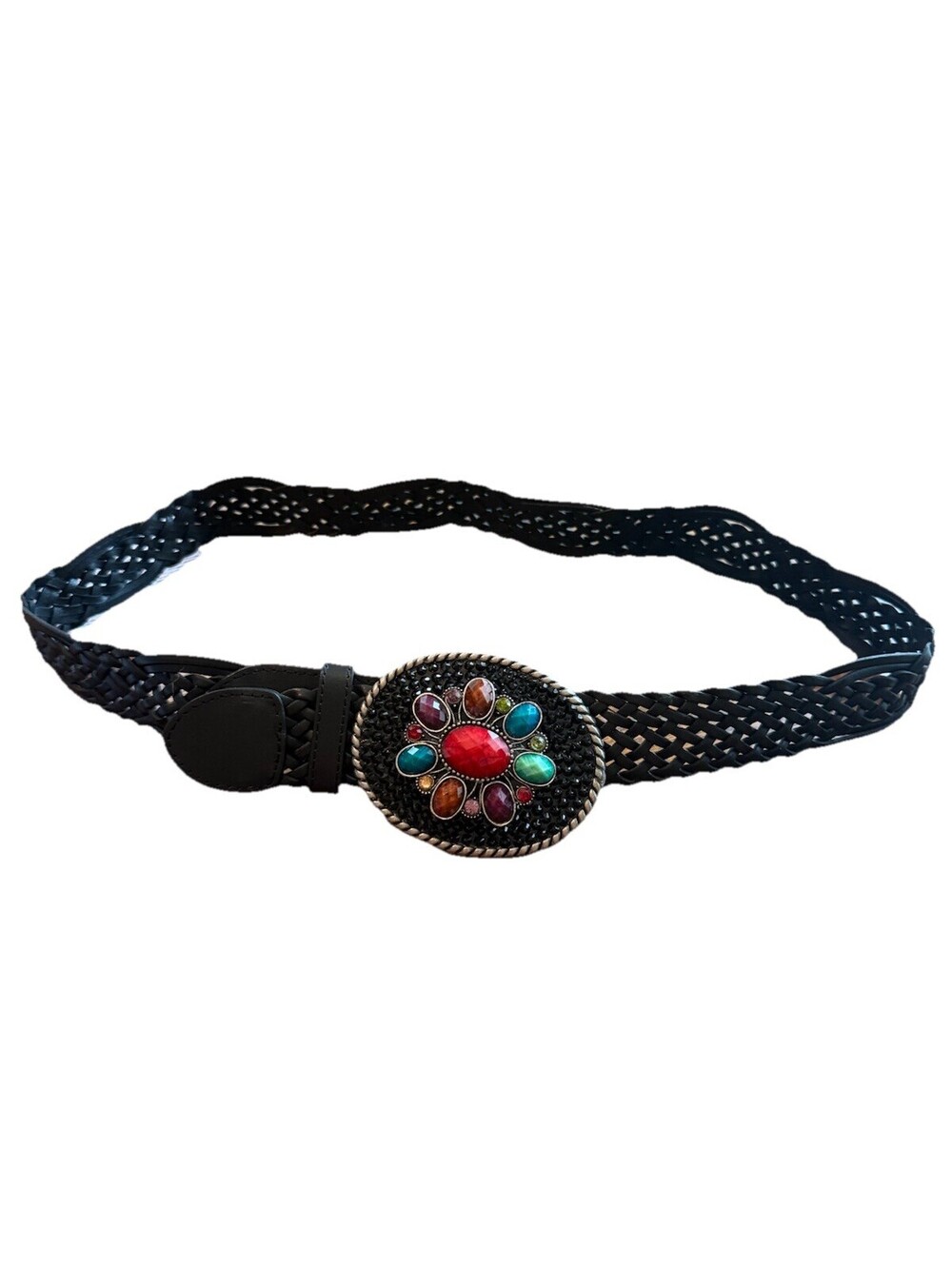 Buckle Your Belt Boho Western Style Braided Black And Gemstone Statement Belt